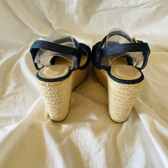 Denim Jute Wedge Ankle Strap Open Toe Espadrille Sandals - Picture 7 of 12